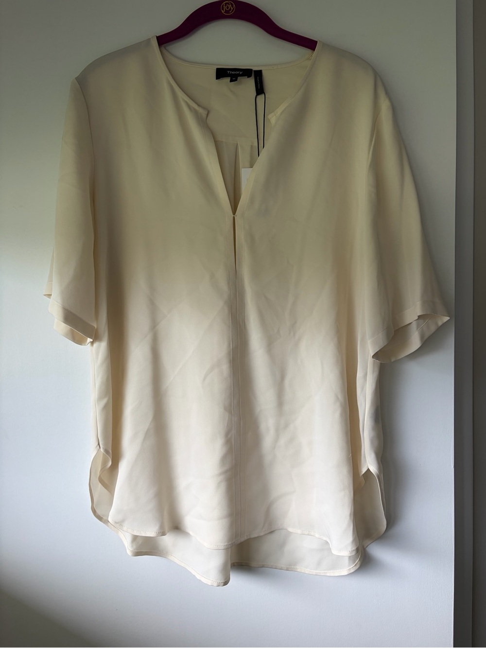 Theory Classic GGT Ivory Split Neck Silk Blouse  - Size M